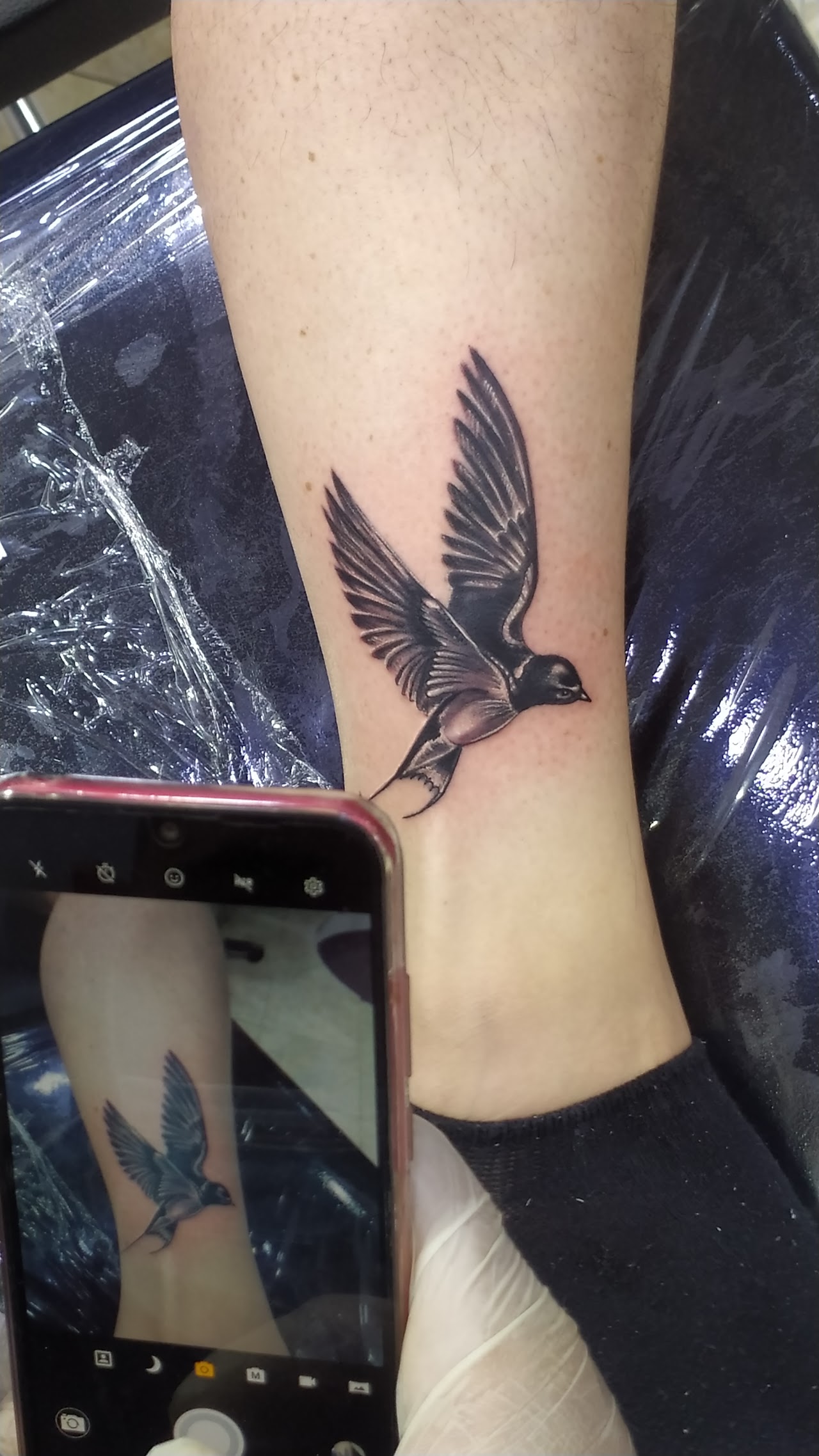 Proceso de tatuaje en vivo con iluminación profesional e higiene en Ritual Eterno